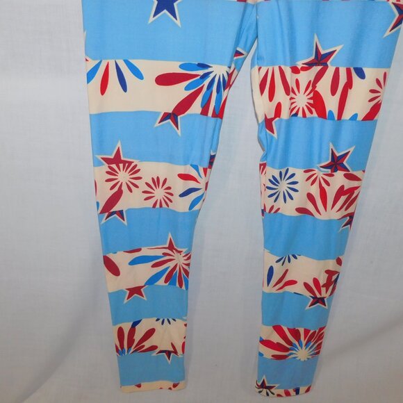 LuLaroe Blue Red Cream Stars and Bursts Womens Leggings OS size 2 -10 - Picture 7 of 8